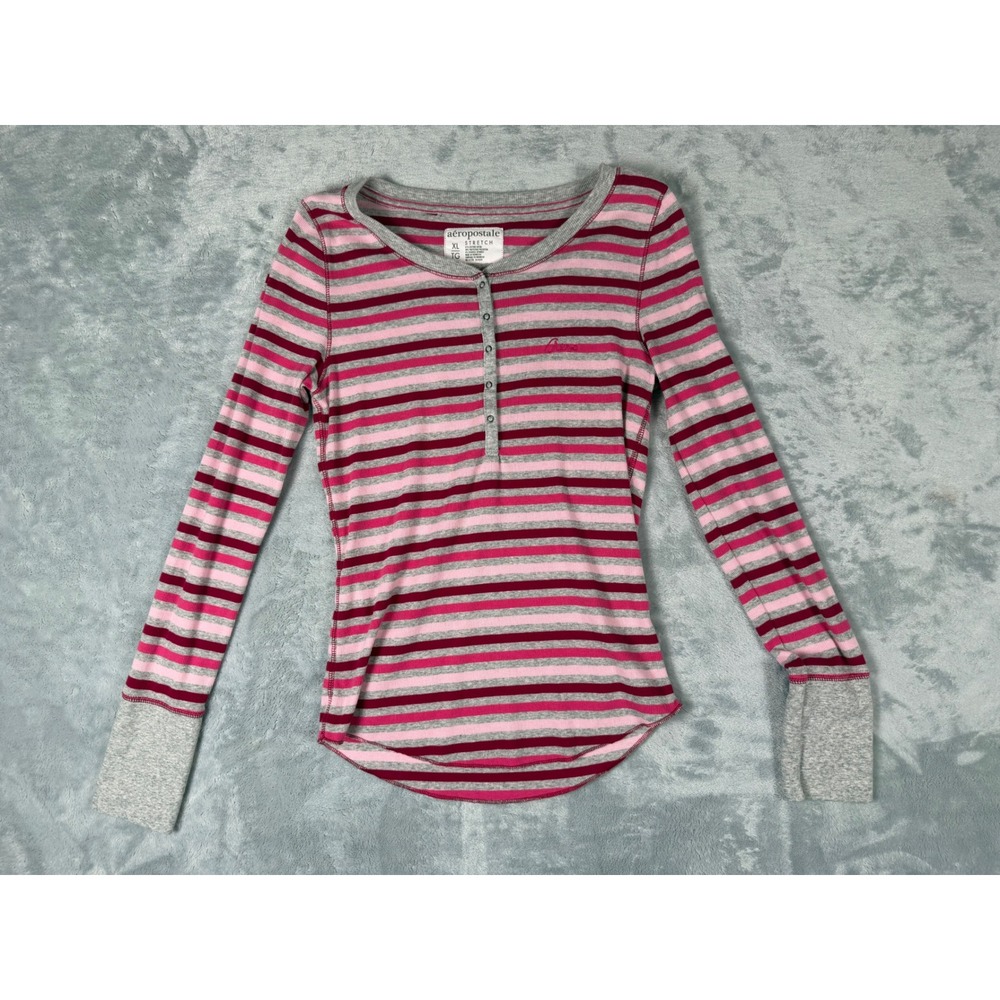 Aeropostale Womens XL Pink Striped Ribbed Henley Long Sleeve Top Stretch Cotton